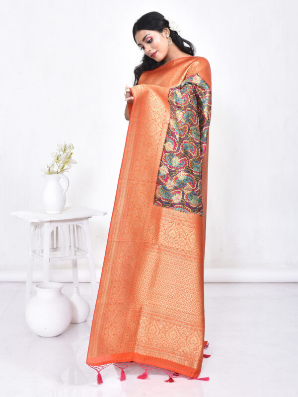 Orange Banaras Digital Print Zari Saree - Image 4