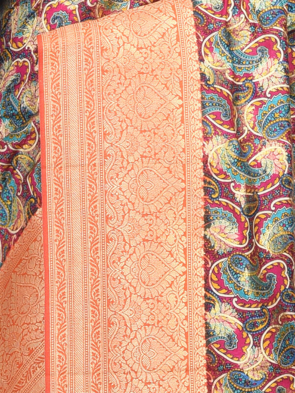 Orange Banaras Digital Print Zari Saree - Image 5