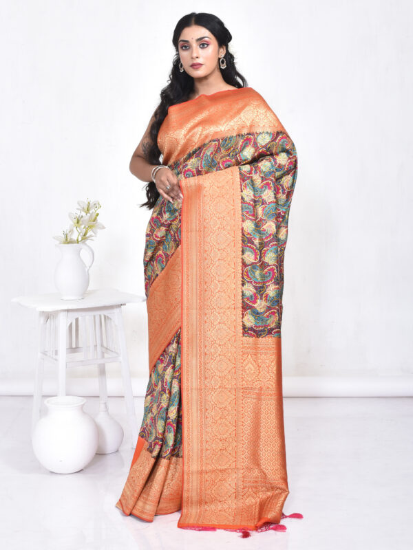 Orange Banaras Digital Print Zari Saree - Image 6