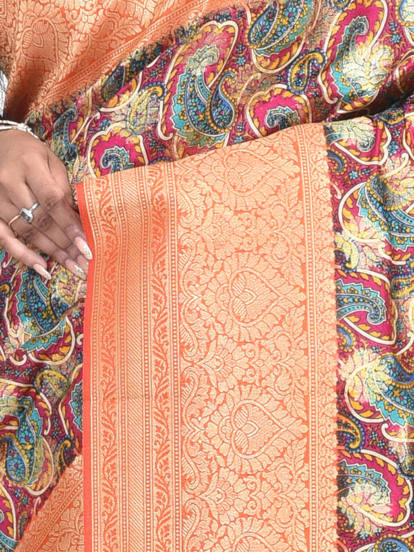 Orange Banaras Digital Print Zari Saree - Image 3