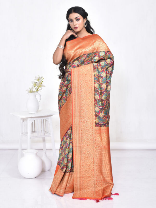 Orange Banaras Digital Print Zari Saree