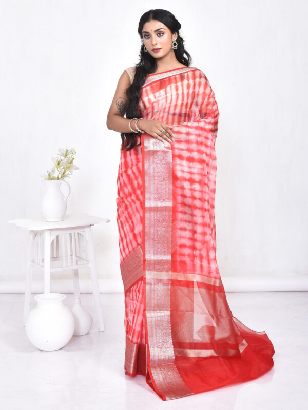 Red Shibori Print Banaras Organza