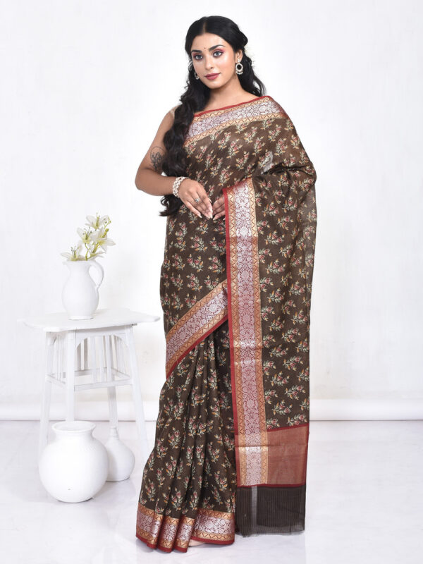Brown Kalamkari Print Banaras Linen Silk