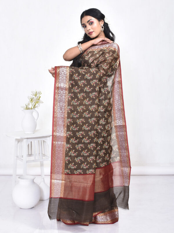 Brown Kalamkari Print Banaras Linen Silk - Image 2