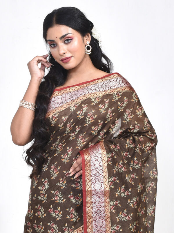 Brown Kalamkari Print Banaras Linen Silk - Image 4