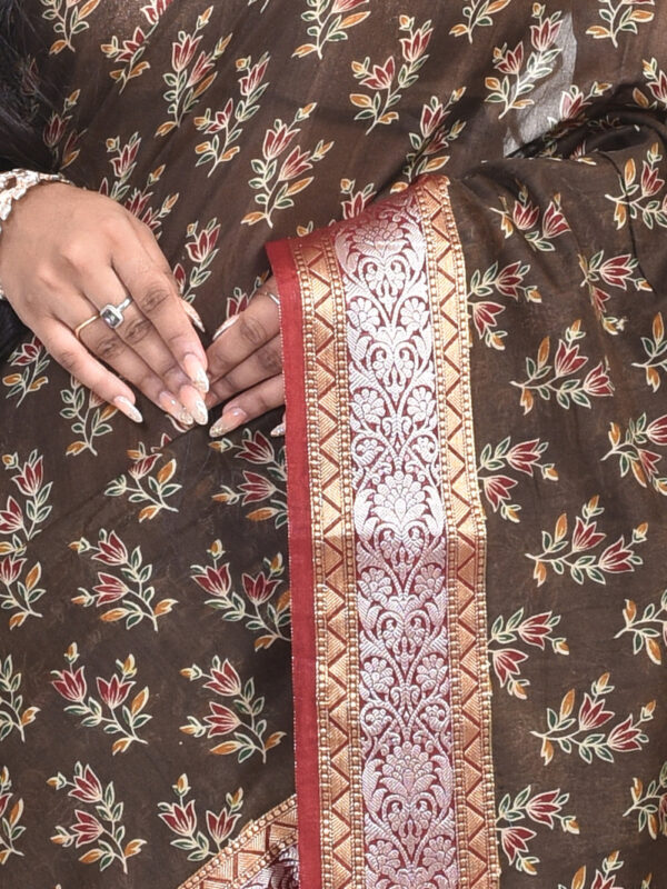 Brown Kalamkari Print Banaras Linen Silk - Image 5