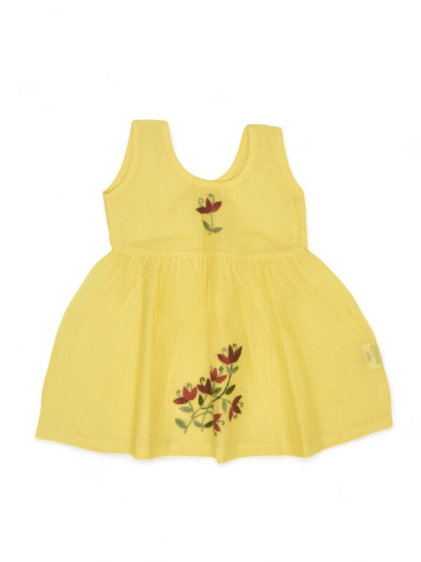 Yellow Hand Embroidered Periwinkle Design Cotton Dress