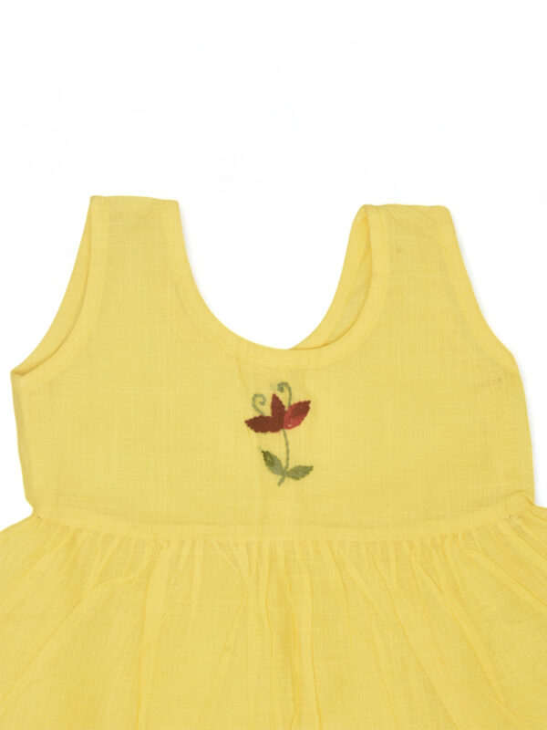 Yellow Hand Embroidered Periwinkle Design Cotton Dress - Image 2