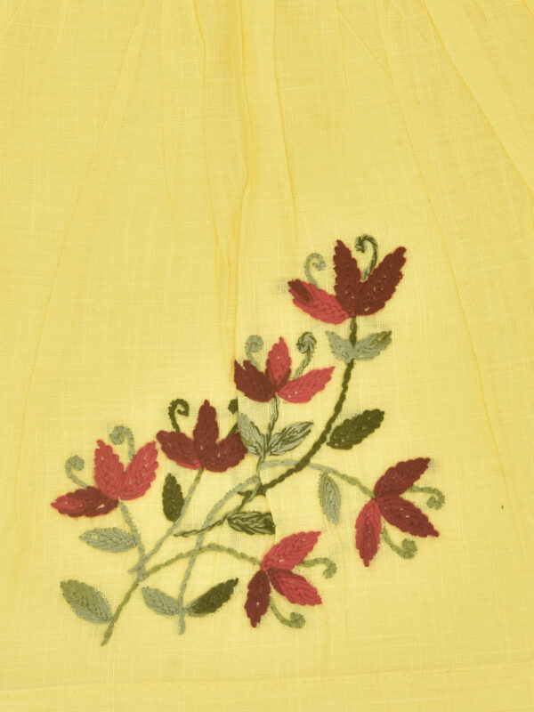 Yellow Hand Embroidered Periwinkle Design Cotton Dress - Image 5