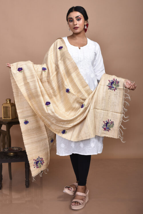Beige Tussar Hand Embroidered Dupatta