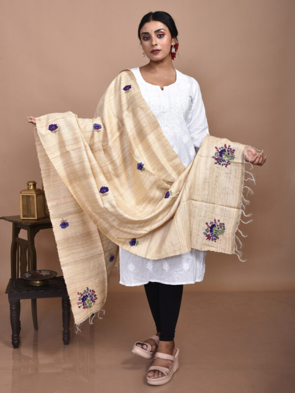 Beige Tussar Hand Embroidered Dupatta