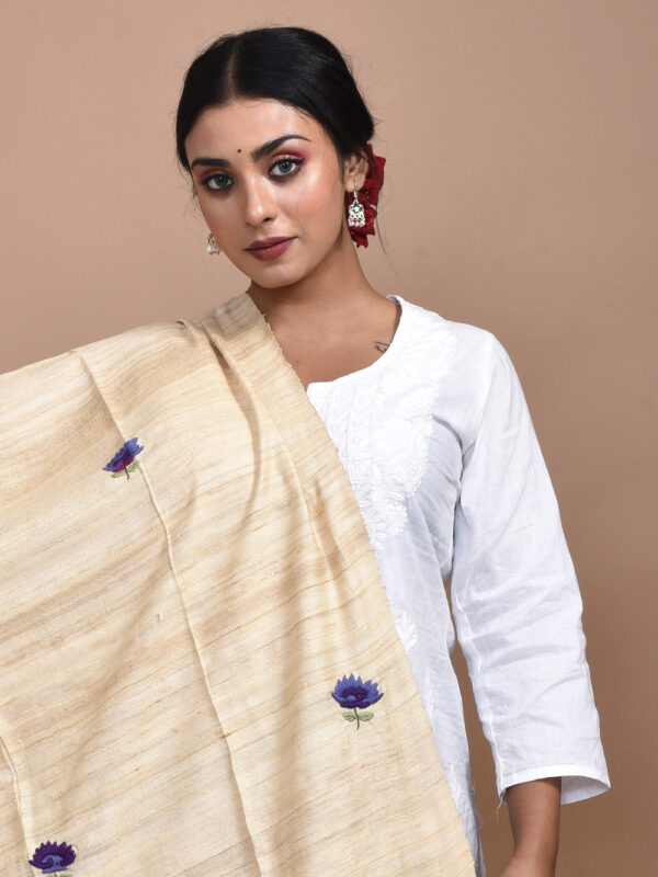 Beige Tussar Hand Embroidered Dupatta - Image 4