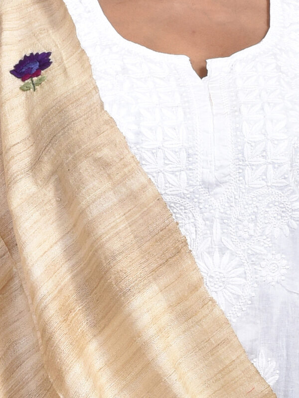 Beige Tussar Hand Embroidered Dupatta - Image 6