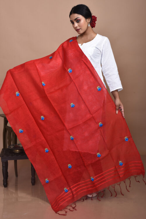 Red Tussar Hand Embroidered Dupatta