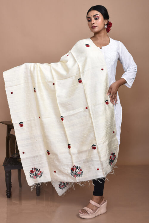 White Tussar Hand Embroidered Dupatta