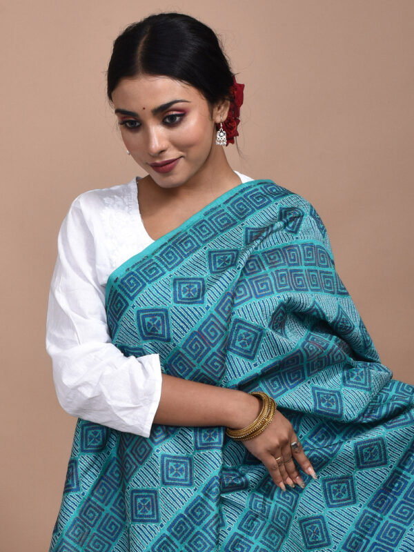 Turquoise Pure Silk Kantha Dupatta - Image 4