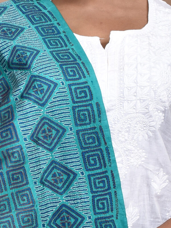 Turquoise Pure Silk Kantha Dupatta - Image 6