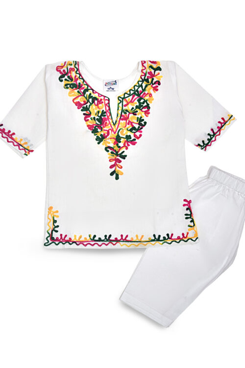 Girls White Cotton Kurta Pyjama with Multicolour Kashmiri Ari Work
