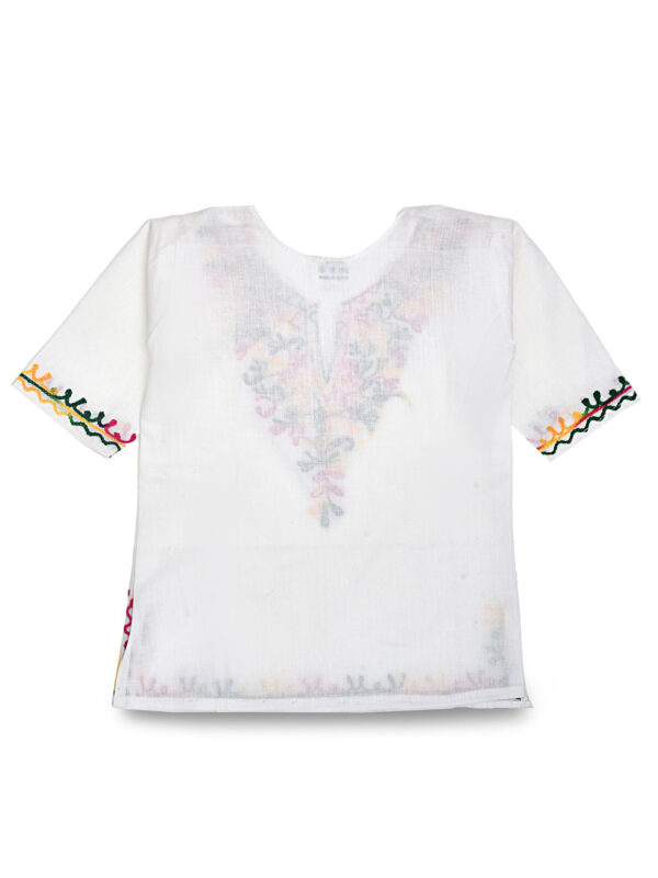 Girls White Cotton Kurta Pyjama with Multicolour Kashmiri Ari Work - Image 3