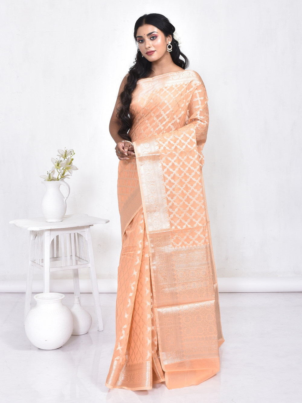 Orange Banaras Chanderi Cotton
