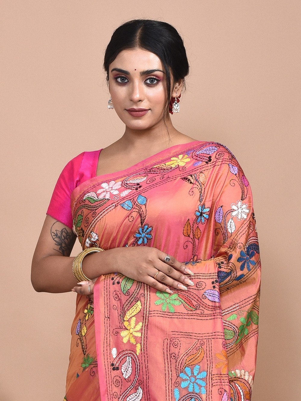 Orange Semi Silk Kantha Stitch Saree - Image 3