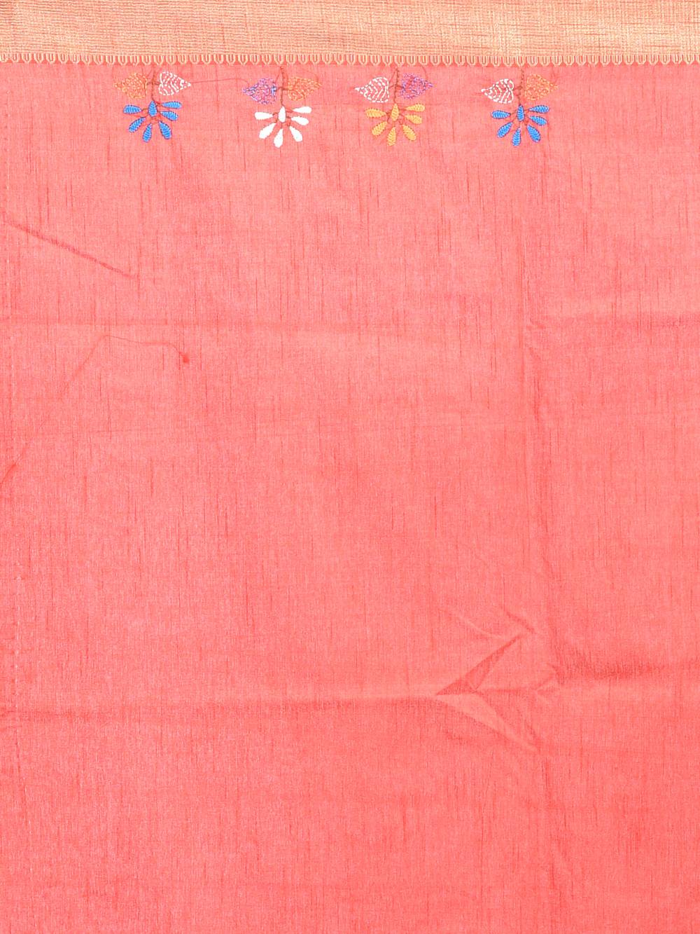 Orange South Semi Silk Kantha Hand Embroidered Saree - Image 7
