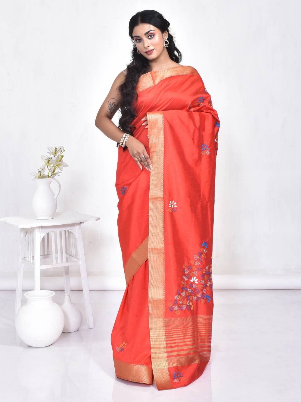 Orange South Semi Silk Kantha Hand Embroidered Saree