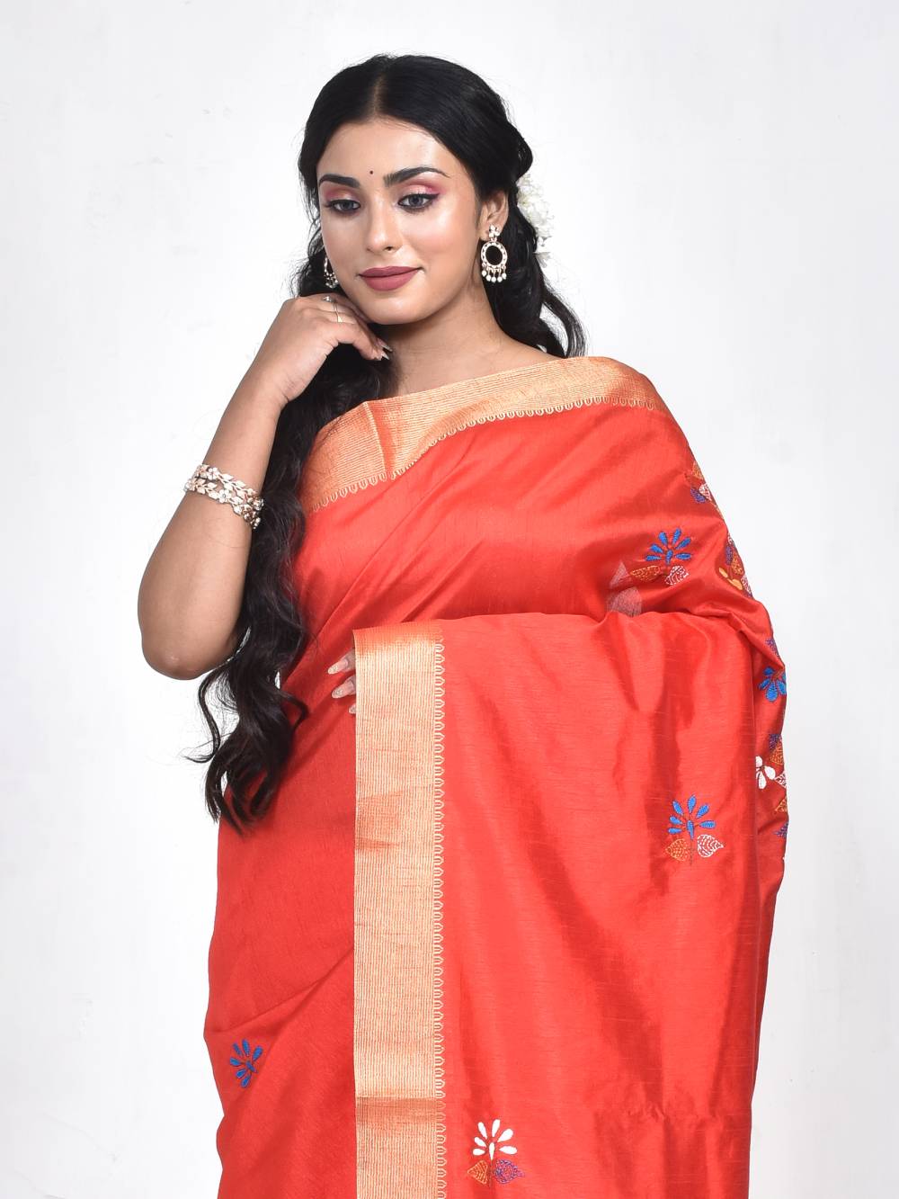 Orange South Semi Silk Kantha Hand Embroidered Saree - Image 6