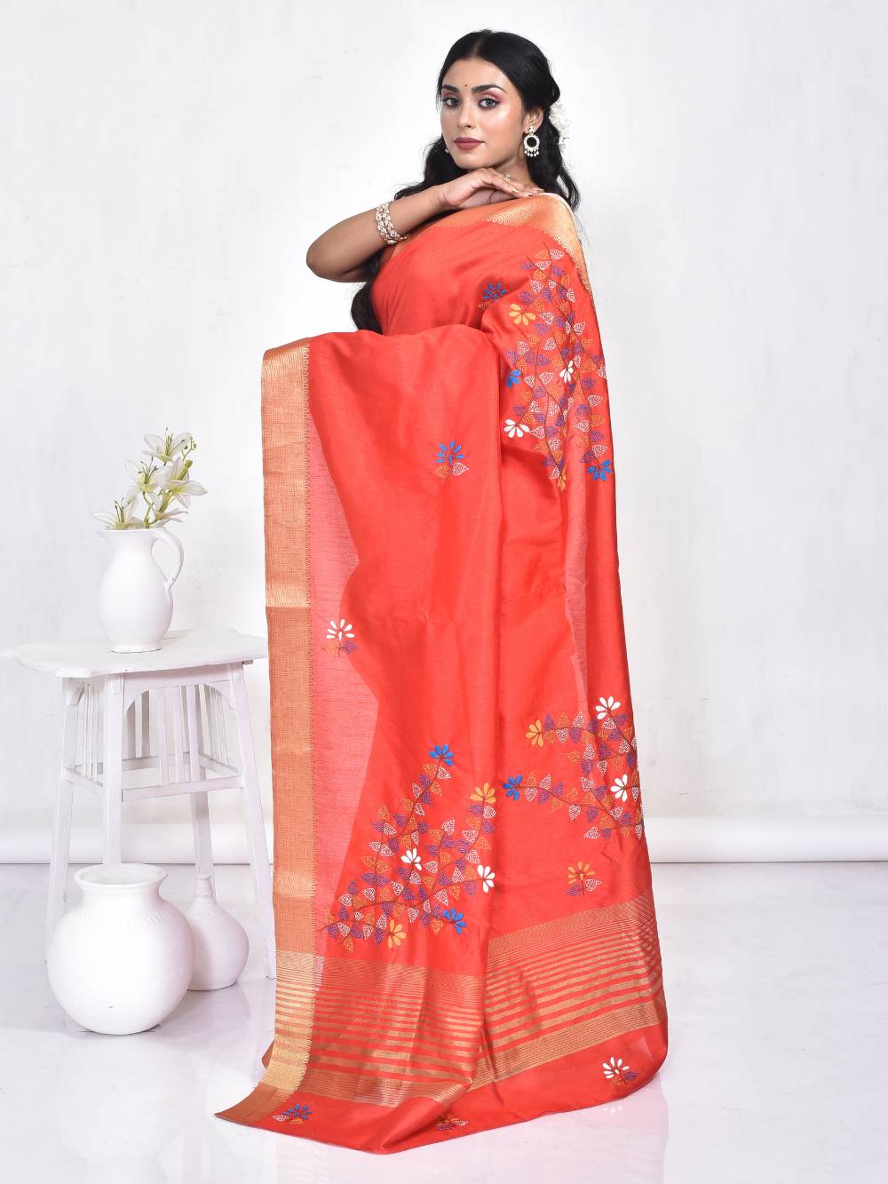 Orange South Semi Silk Kantha Hand Embroidered Saree - Image 4