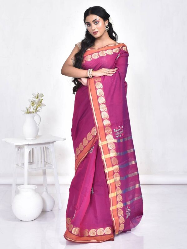 Purple South Cotton Hand Embroidered Saree