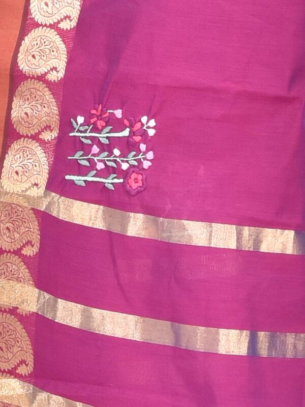 Purple South Cotton Hand Embroidered Saree - Image 3