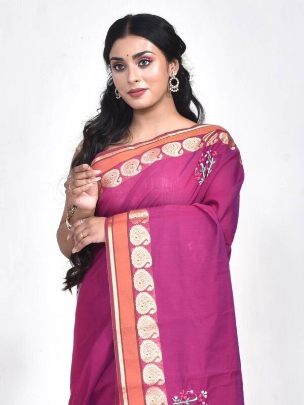 Purple South Cotton Hand Embroidered Saree - Image 6