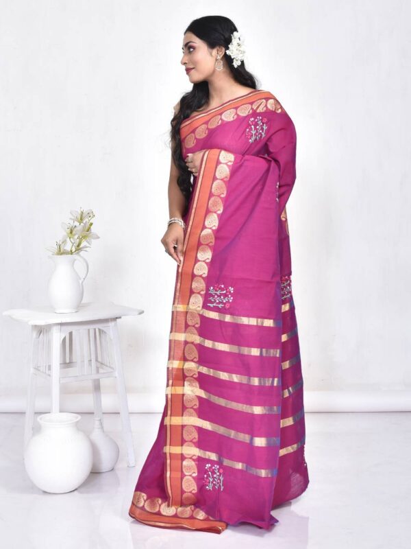 Purple South Cotton Hand Embroidered Saree - Image 4