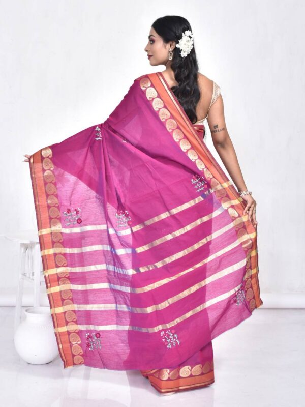 Purple South Cotton Hand Embroidered Saree - Image 2