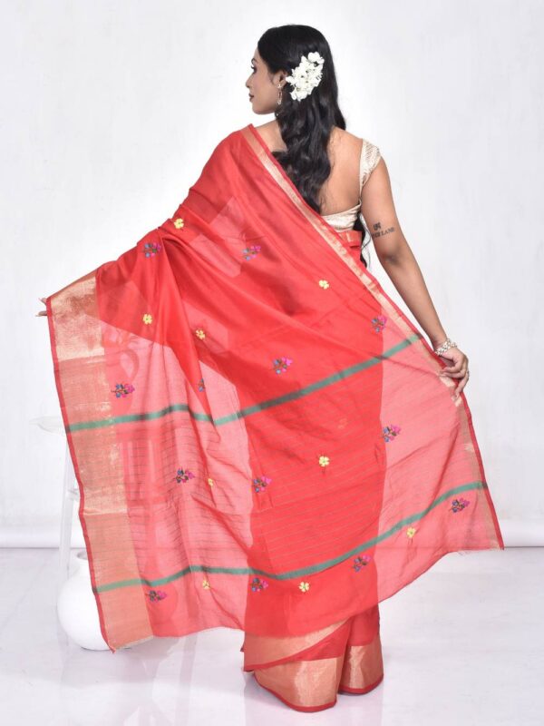 Red Hand Embroidered Chanderi Saree - Image 2