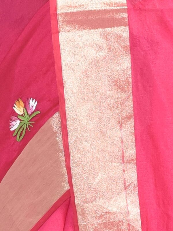 Fuchsia Pink Hand Embroidered Chanderi Saree - Image 3