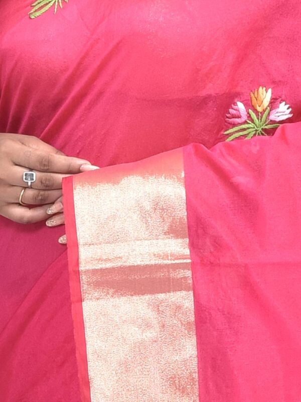 Fuchsia Pink Hand Embroidered Chanderi Saree - Image 5