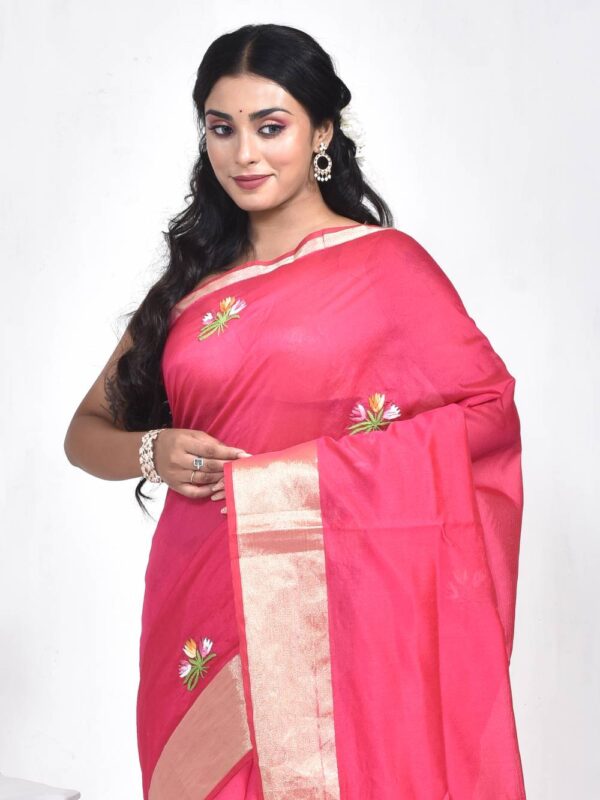 Fuchsia Pink Hand Embroidered Chanderi Saree - Image 6
