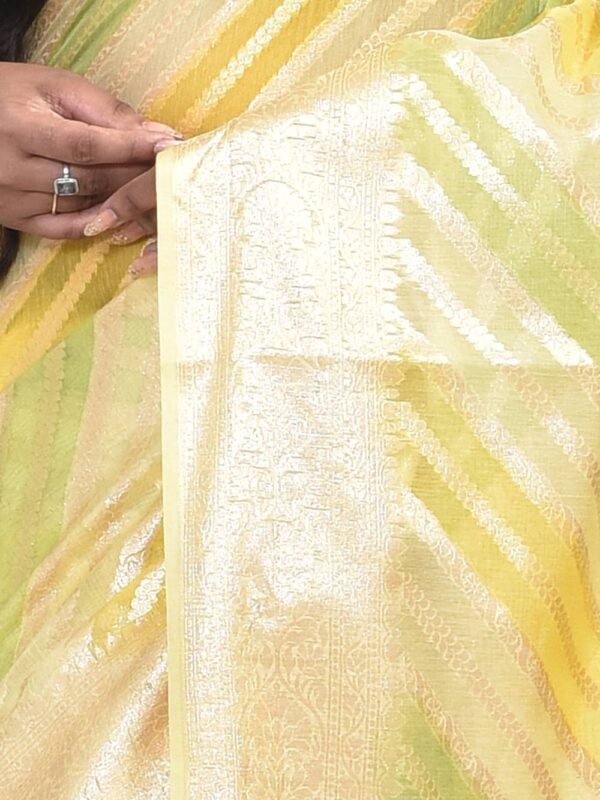 Yellow Zari Striped Banaras Organza Saree - Image 3