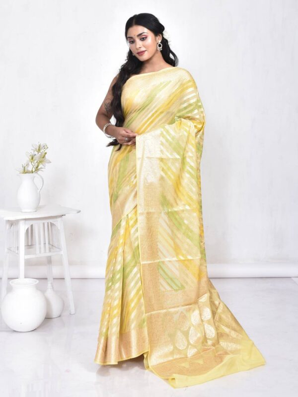 Yellow Zari Striped Banaras Organza Saree