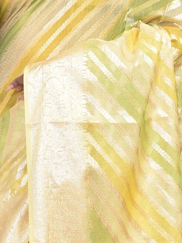 Yellow Zari Striped Banaras Organza Saree - Image 5