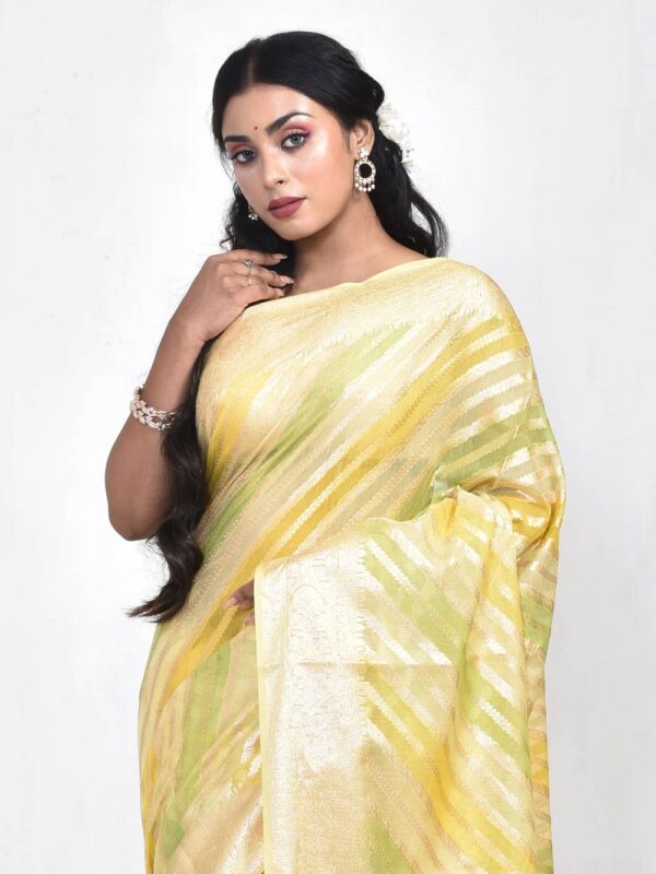 Yellow Zari Striped Banaras Organza Saree - Image 6