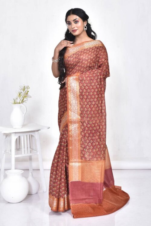 Brown Block Print Floral Design Maheshwari Saree
