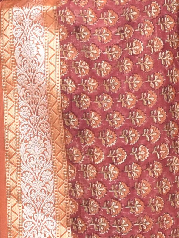 Brown Block Print Floral Design Maheshwari Saree - Image 5