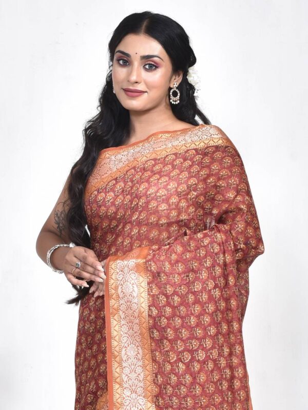 Brown Block Print Floral Design Maheshwari Saree - Image 6