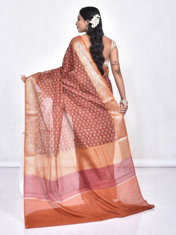 Brown Block Print Floral Design Maheshwari Saree - Image 2