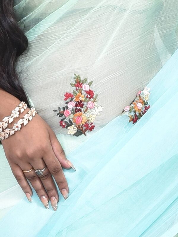 Sky Blue Chiffon Hand Embroidered Saree - Image 3