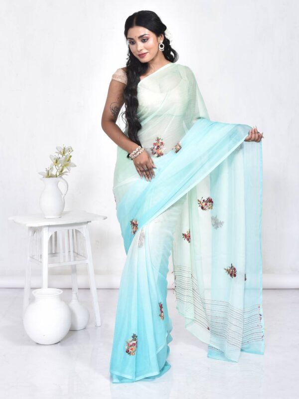 Sky Blue Chiffon Hand Embroidered Saree