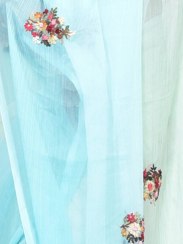 Sky Blue Chiffon Hand Embroidered Saree - Image 5
