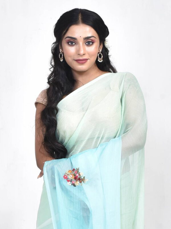 Sky Blue Chiffon Hand Embroidered Saree - Image 6